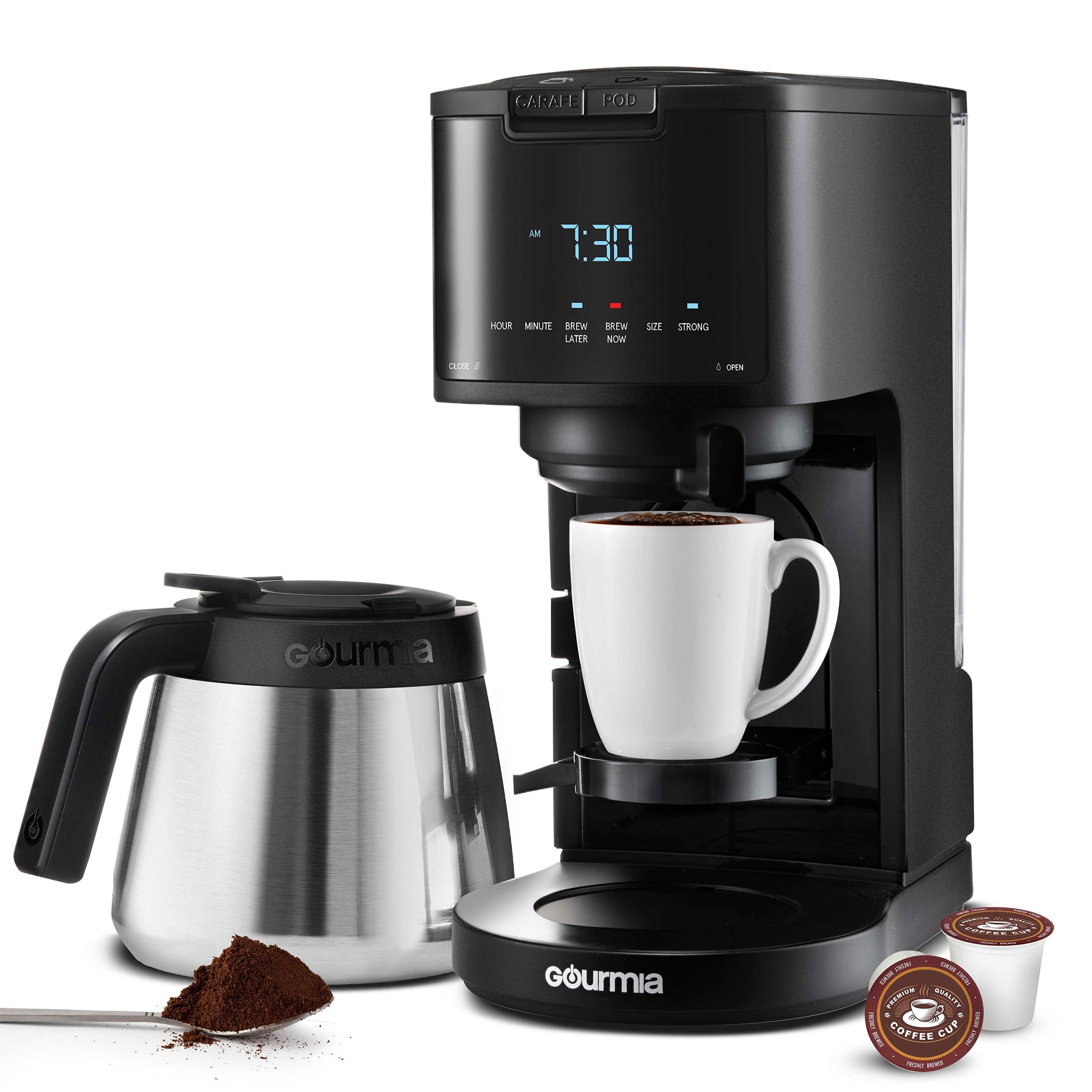 Gourmia 2in1 SingleServe, KCup Pod Compatible + 12Cup Coffee Make