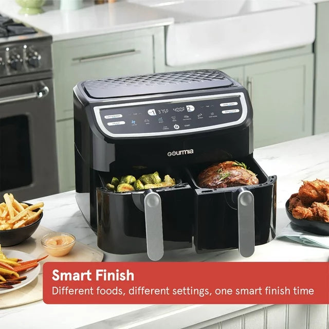 Smart Finish Gourmia 9 Qt 7-in-1 Dual Basket Digital Air Fryer with Smart Finish, B ...