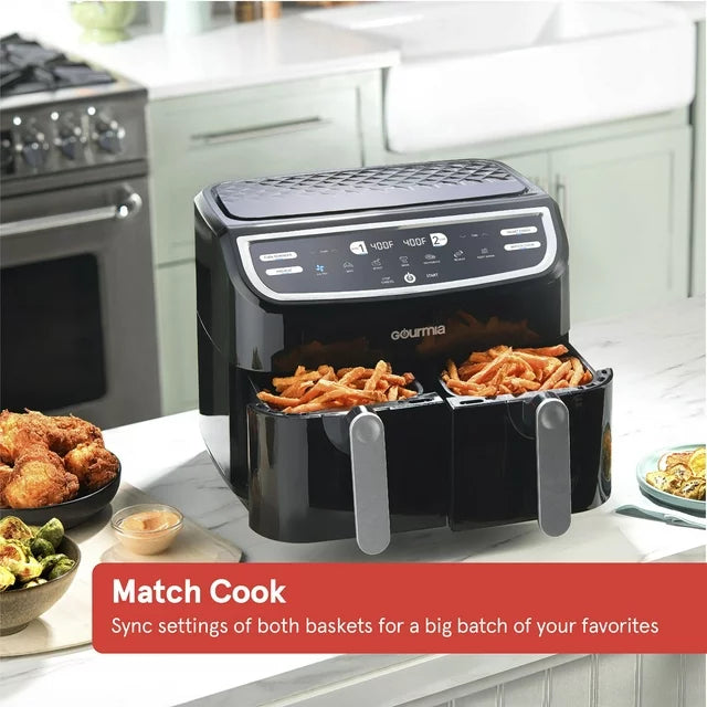 Gourmia 9 Qt 7-in-1 Dual Basket Digital Air Fryer with Smart Finish, BLK