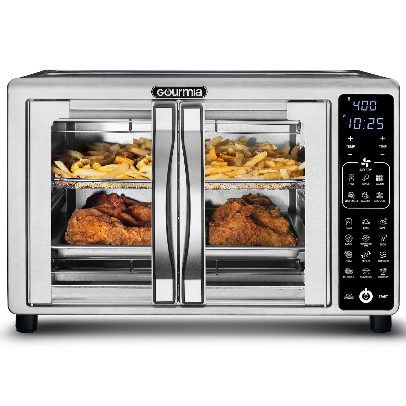 Gourmia Digital Air Fryer Toaster Oven with Single-Pull French Doors, 19 Cooking Presets, Stainless Steel